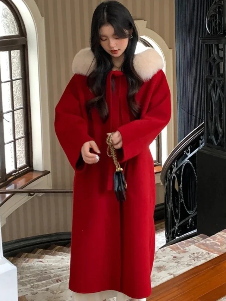 

New Female Warm Hooded Real Fox Fur Woolen Jacket Autumn Winter Clothing Women Fashion Long Cashmere Real Fur Wool Coat