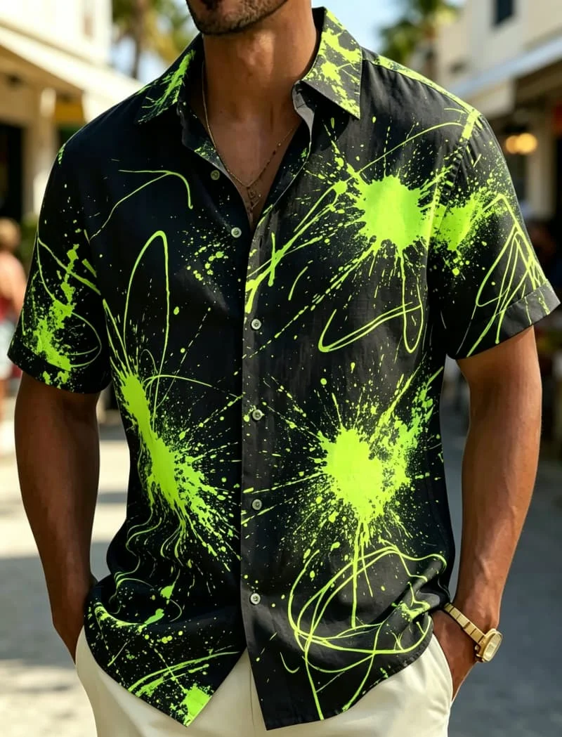 

Men's Abstract Splashed Ink Printed Short Sleeved Casual shirt, Suitable For Night parties, Street walking, And Daily Wear