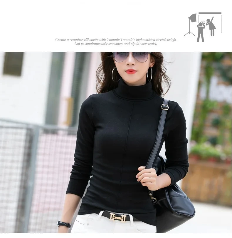 Tops de capa Base de manga larga para mujer, jersey básico más cálido con cuello alto elástico, suéter ajustado para Otoño e Invierno, Tops de fondo