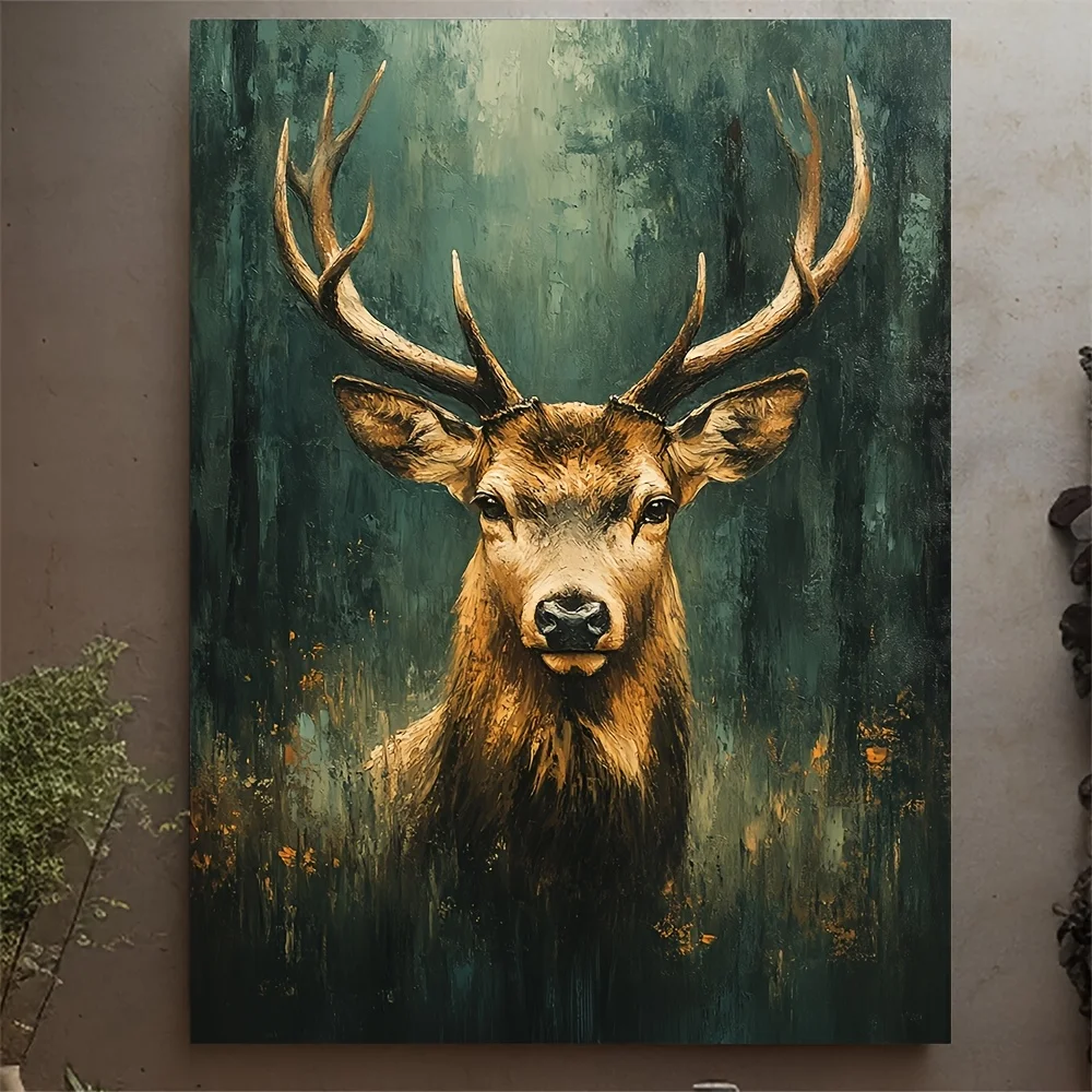 1pc 30.48x40.64 cm Red Deer Stag in Bright Green Foggy Forest Canvas Wall Art - Modern Home Decor with Recycled Wood Frame, R