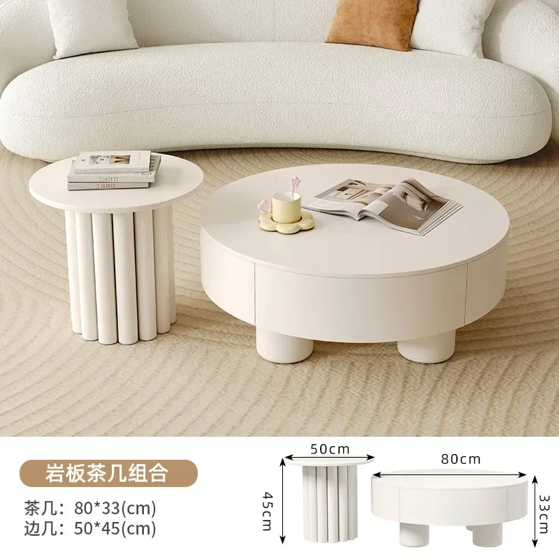 طاولة قهوة على الطراز الفرنسي الكريمي، غرفة معيشة بسيطة وحديثة، طاولة قهوة مستديرة من بلاطة الصخور #1