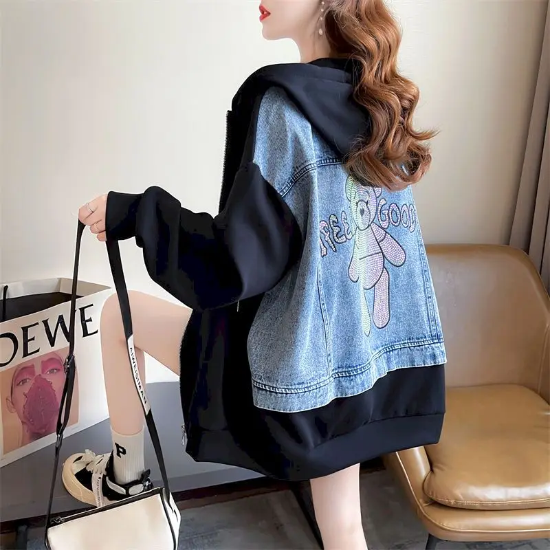 Womens Hoodies Hot Diamond Denim Patchwork Hooded Jacket Spring Fall Trend Thin Zip Up Cardigan Hoodie Cartoon Coat Y2k Clothes