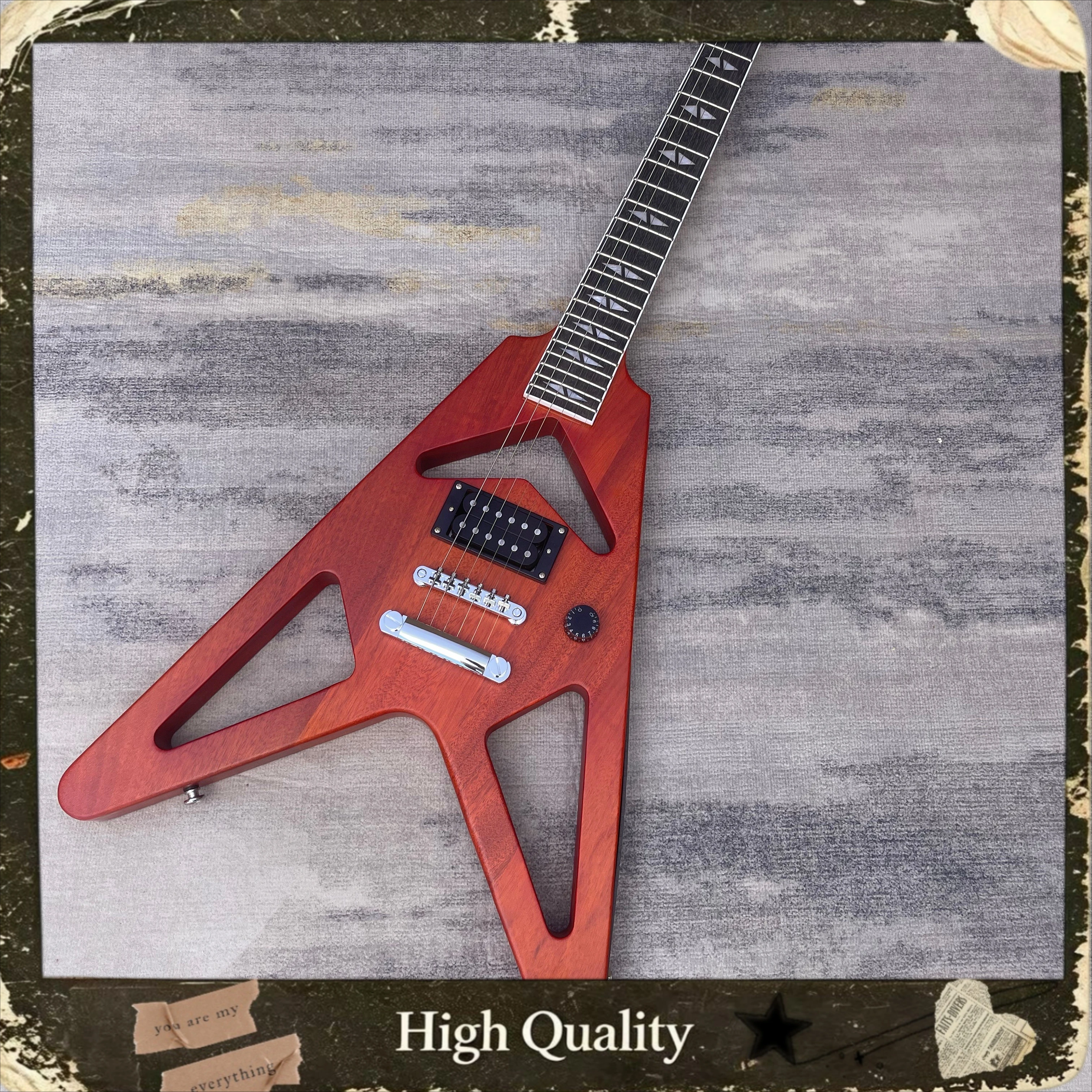 V Shape Hollow Cutaway Electric Guitar Red Brown Natural Wood Single Humbucker Heavy Metal Guitar Mahogany Body