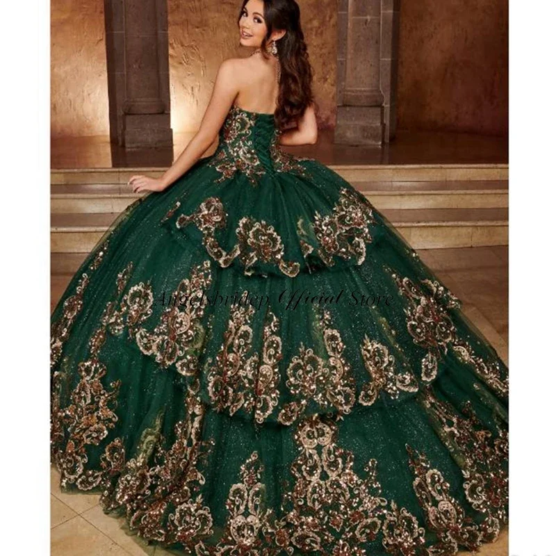 Vestido De baile verde para quinceañera, escote Corazón, mangas 3/4, dulce 16, cuentas, 15