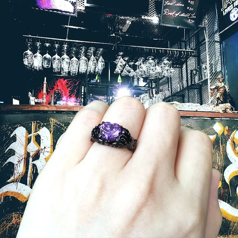 الجمجمة القوطية خواتم القلب الأسود الحب الأحمر الأرجواني كريستال زركونيا عيد الميلاد عيد الحب المشاركة النساء المجوهرات #4