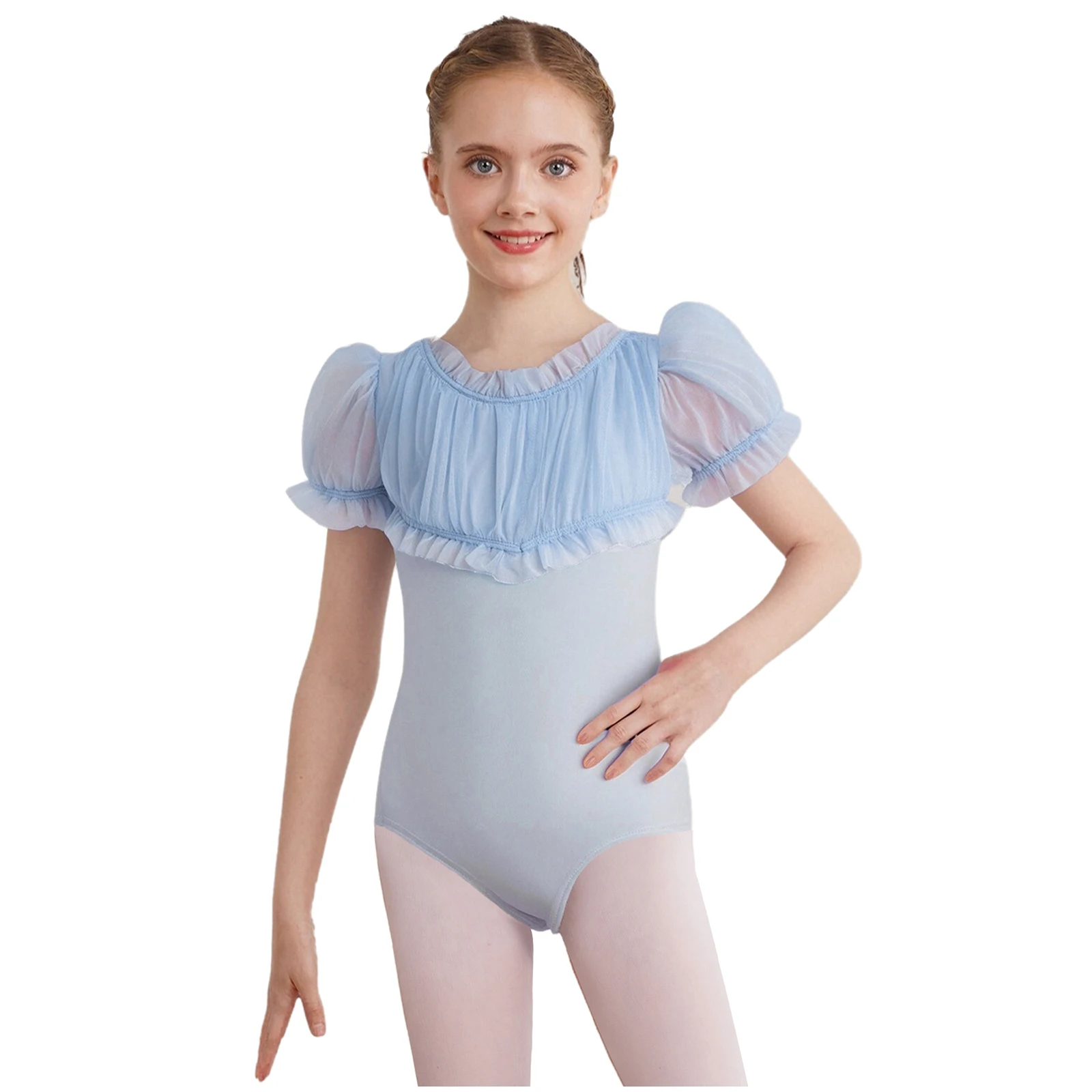 

Kids Girls Ballet Leotard Ruffled Round Neck Short Puff Sleeves Ruched Sheer Mesh Patchwork Bodice Bodysuit for Dance Practice