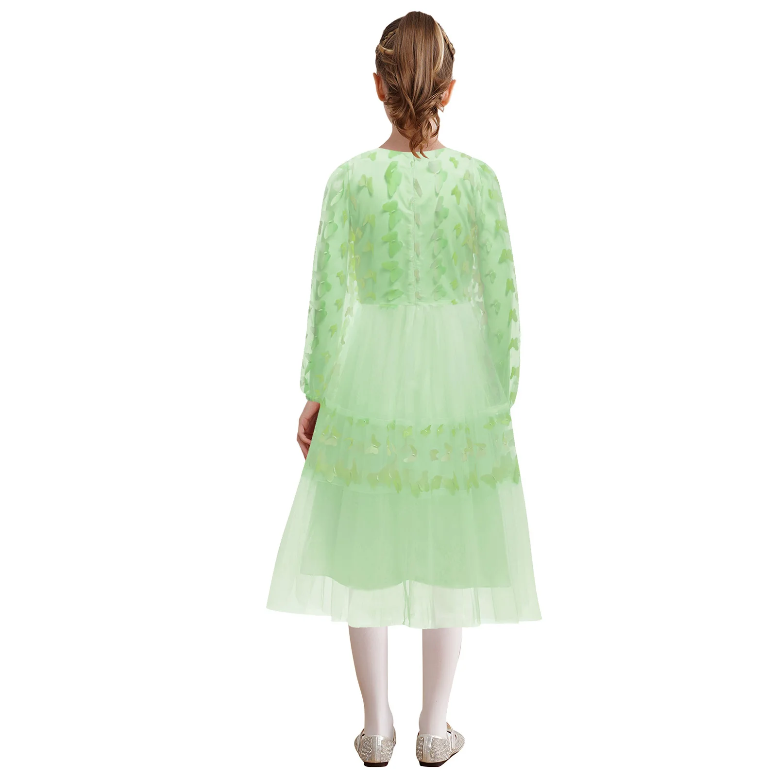 Kids Girls Tulle Party Dresses Square Neck Long Puff Sleeves Butterfly A-Line Dress for Wedding Birthday Holiday