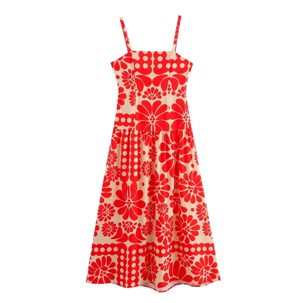 

2024ZAR Summer New Women's European and American Style Fashion Impossible Print Hanging Strap Long Dress