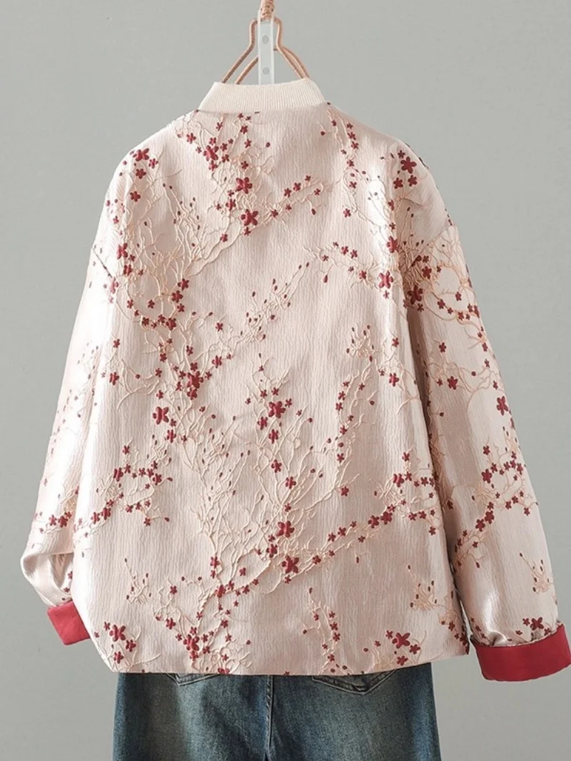 Winter New Silk Hemp Jacquard Loose Warm Cotton Jacket Women's Chinese Beige/Pink Color Block Retro Plate Button Coat w745