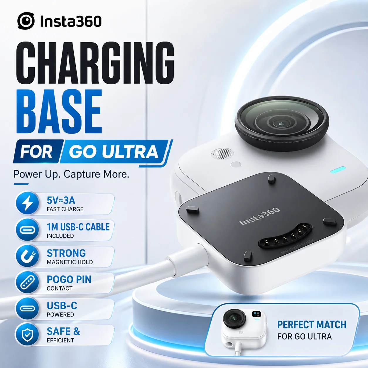 Insta360 GO Ultra Charging Base Magnetic Dock Pogo Pin USB-C 1m Cable 5V 3A Fast Charger for Single Camera