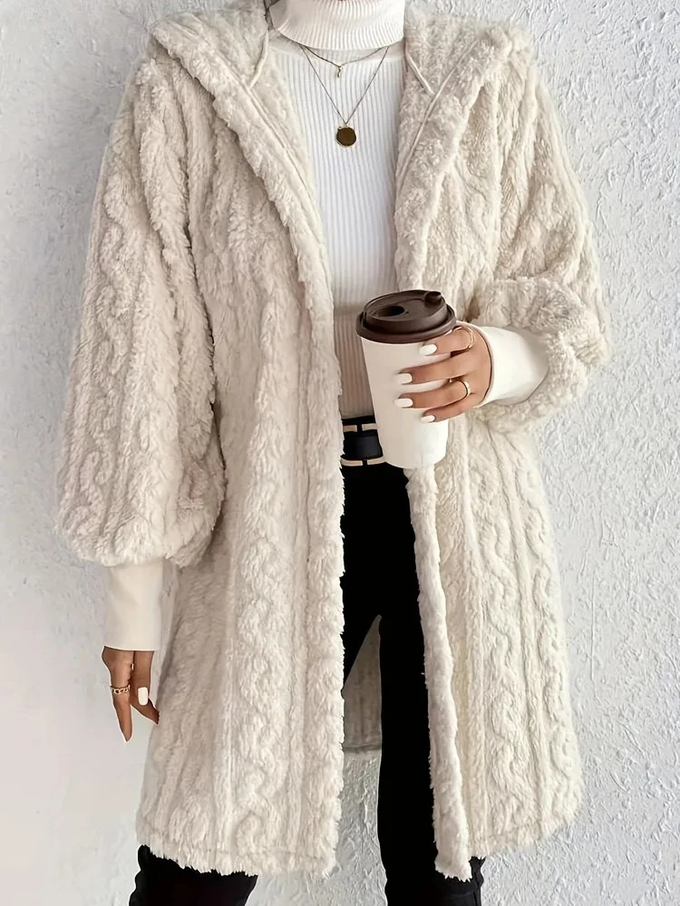 

Women Autumn Hooded Jacket White Long Sleeve Thick Plush Warm Coat Winter Loose Cardigan Soft Lady Long Coat