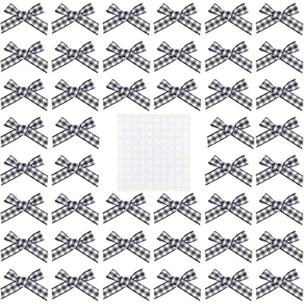 140 Pcs Mini Gingham Ribbon Bows with 200 pcs Stickers(Black White) Checkered Ribbon Bows for DIY Craft Bow Ties Appliques