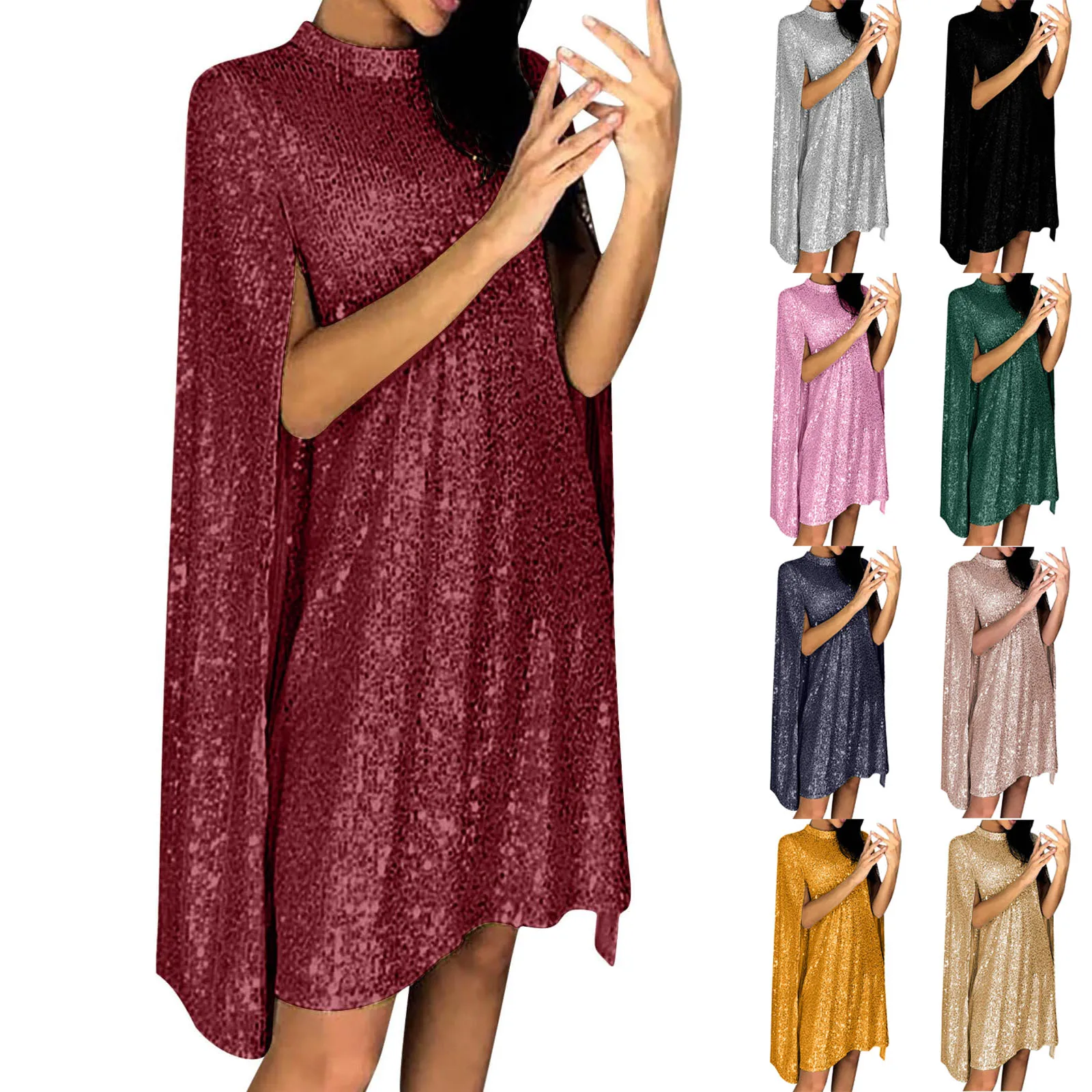 فستان قصير ذهبي مزين بالترتر وياقة واقفة فضفاض للنساء موضة الصيف عبر الحدود نمط جديد ثوب مسائي مع كيب للنساء #2