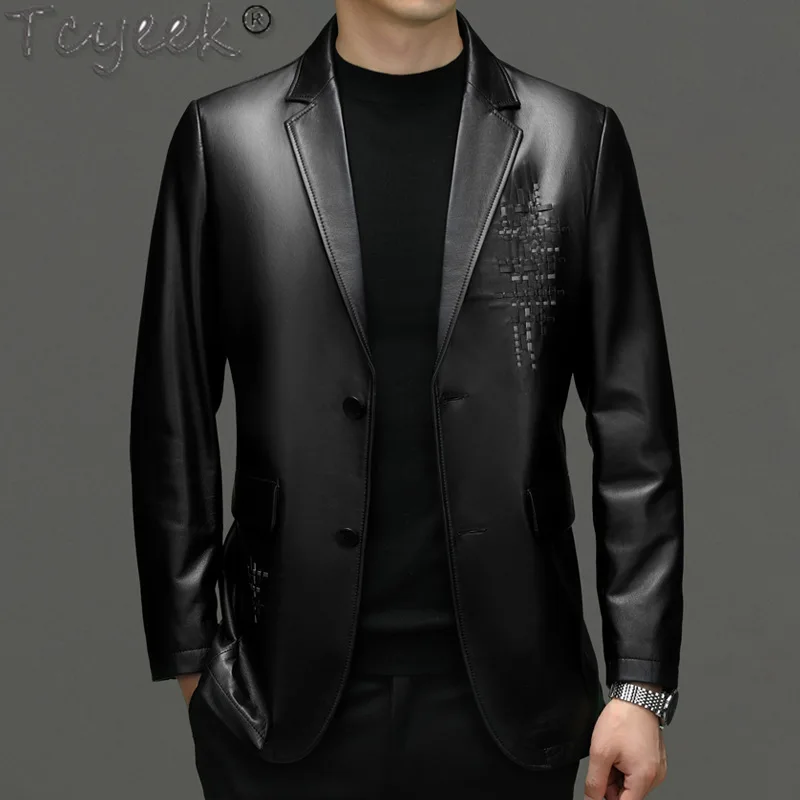 Tcyeek Genuine Leather Man Jackets 2025 Business Casual Goatskin Coats Spring Autumn Clothes Men's Suit Jacket Jaqueta De Couro