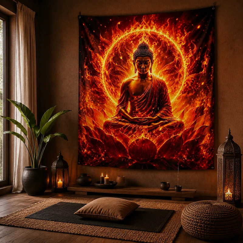 VIKAMA Spiritual Zen Flame Lotus Tapestry Glowing Light Floral Abstract Wall Hanging Yoga Meditation Room Home Decor Cloth