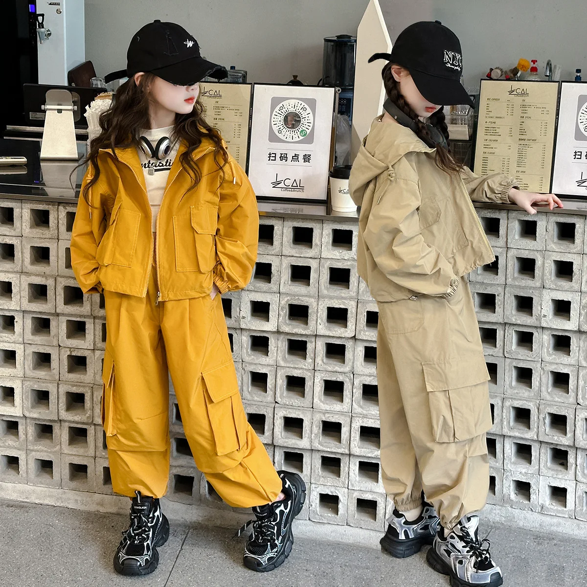 

Children Girls Tracksuit New Spring Autumn School Girls Pure Color Zipper Hooded Sweat Jacket+Overall Trousers Girls 2PCS Sets