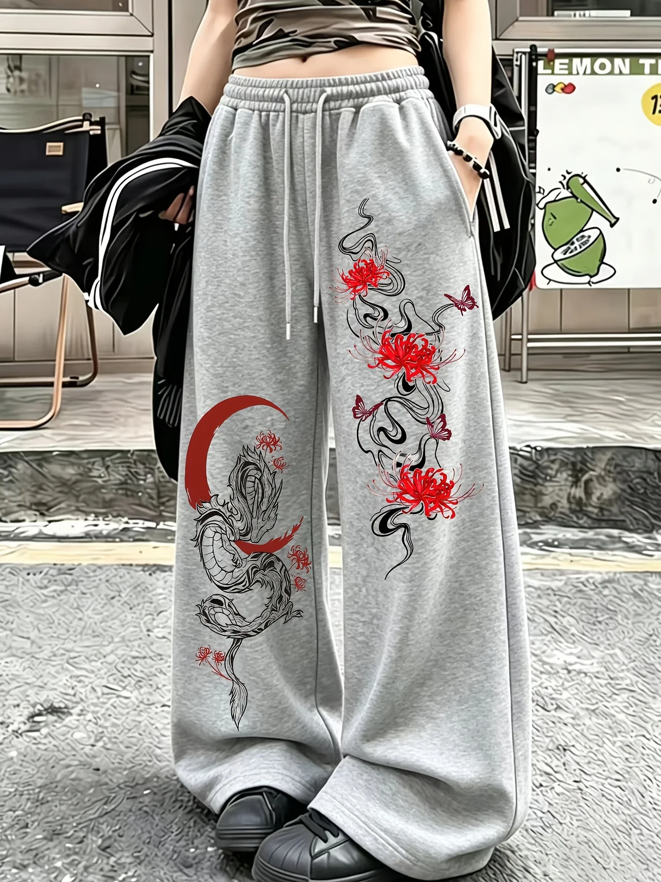 Ladies' Casual Hip-hop Street Style Personalized Street Dragon Totem and Cross Shore Flower Printed Sports Sweatpants