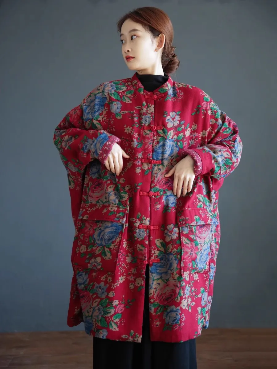 

Female new winter and beiginning spring original plus size art Retro Chinese ethnic style Cotton Clip M- length loose coat