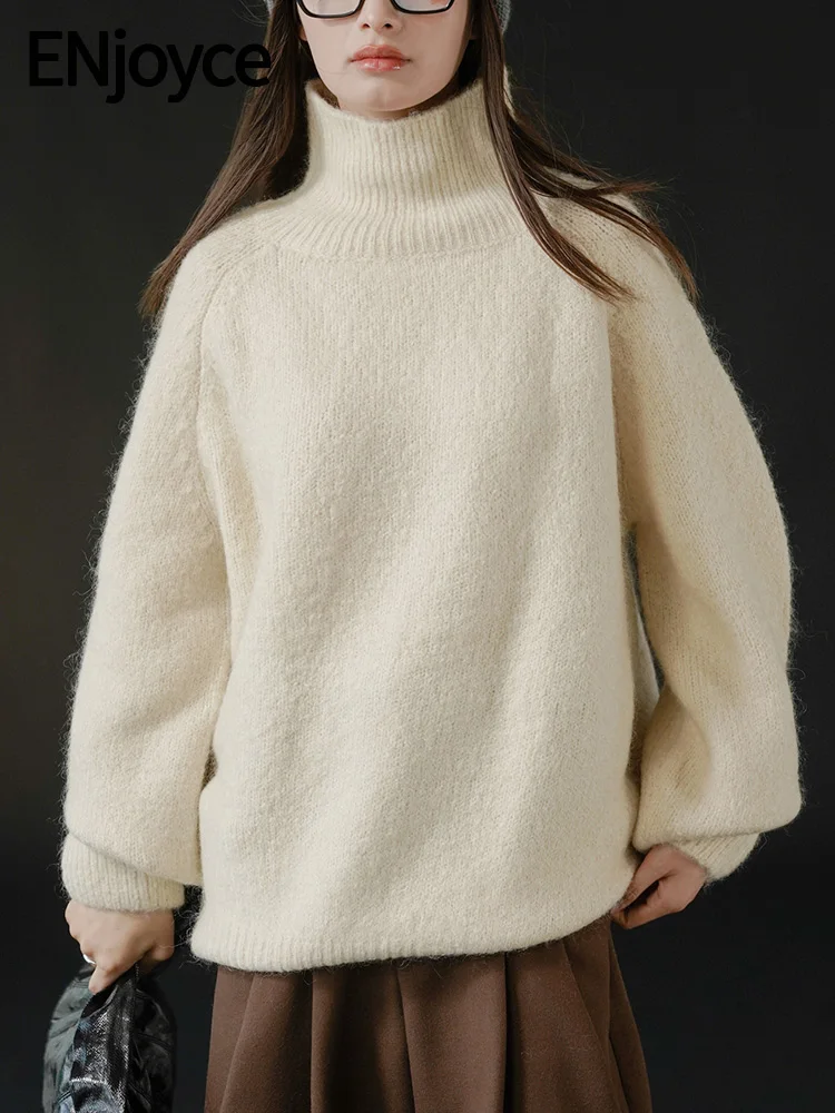 

ENjoyce 2023 Winter Women Korean Fashion Turtleneck Wool Sweater Mohair Warm Long Sleeve Knit Pullover High Neck Knitwear