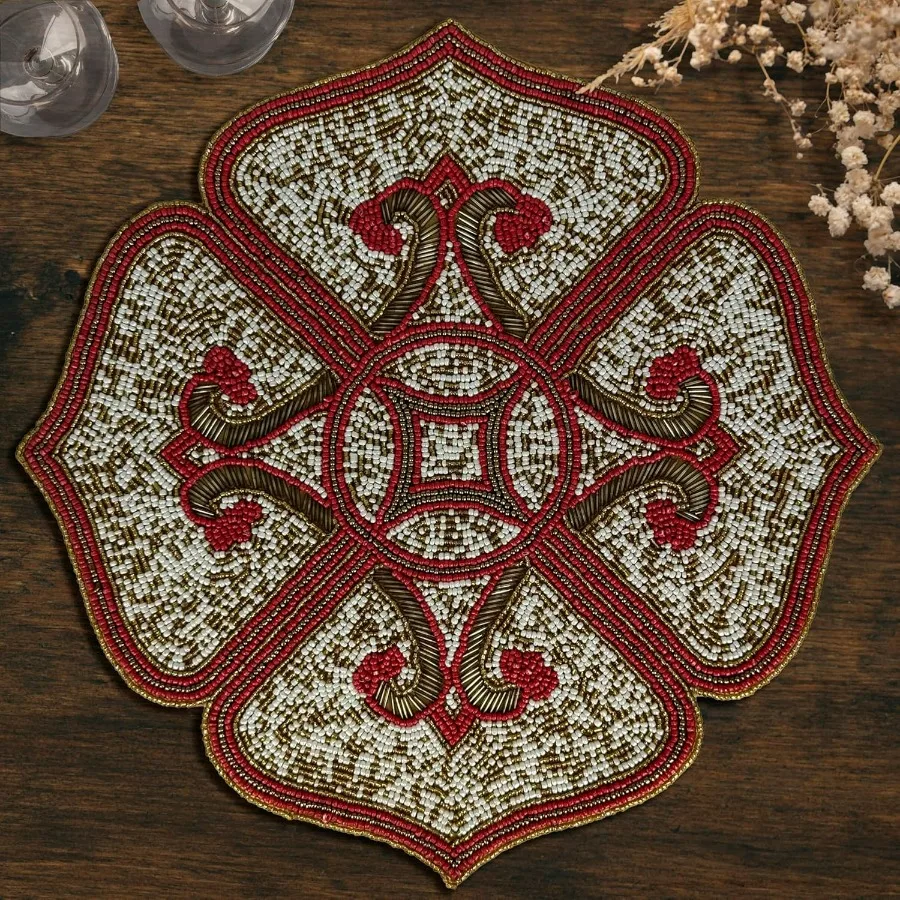 

Set of 4 Placemats 15 Inches Charger Plates with Beaded Design for Mother's Day Decorations Wedding Kitchen Office and Home Dec