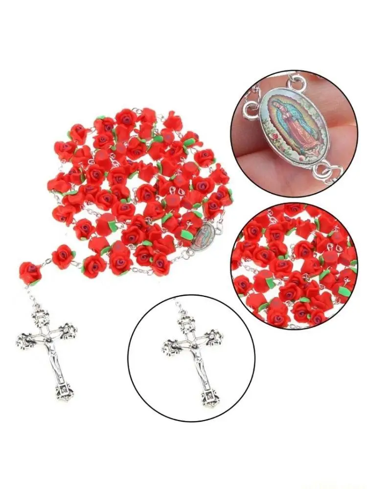 D46E Pendant Catholic Rosary Necklace Religious Jewelry for Women Girl Souvenir