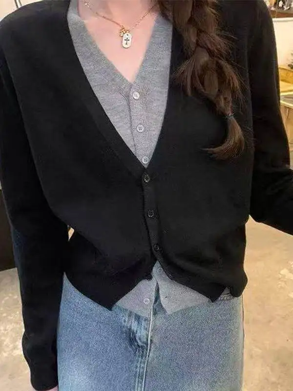 Korean Style V-Neck Knitted Open Cardigan Sweater Women's Color Block Loose Manner Outerwear Top Breathable Soft Fabric Long ...