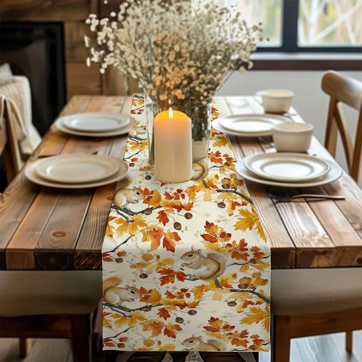 Squirrel Maple Pine Cone Table Runner Home Wedding Centerpieces Decoration Party Table Runners Dining Long Cloth