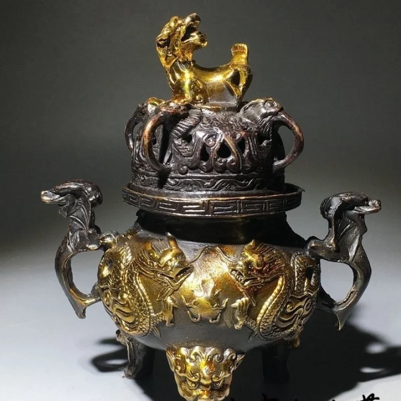 

Ming Dynasty Xuande Style Pure Copper Gilded Mythical Beast Pixiu Three-Legged Nine-Clawed Dragon Incense Burner Ornament Antiqu