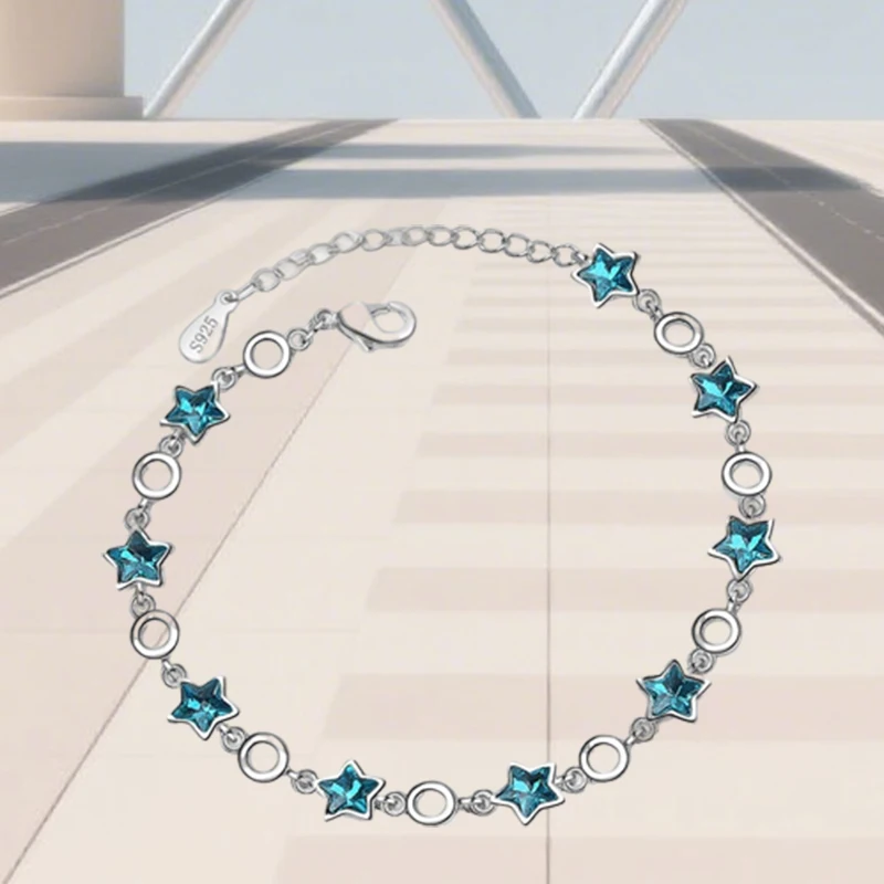 

High Quality Classic Eternity 925 Sterling Silver Dark Blue Cubic Zirconia Fantasy Star Female Accessories Bracelets