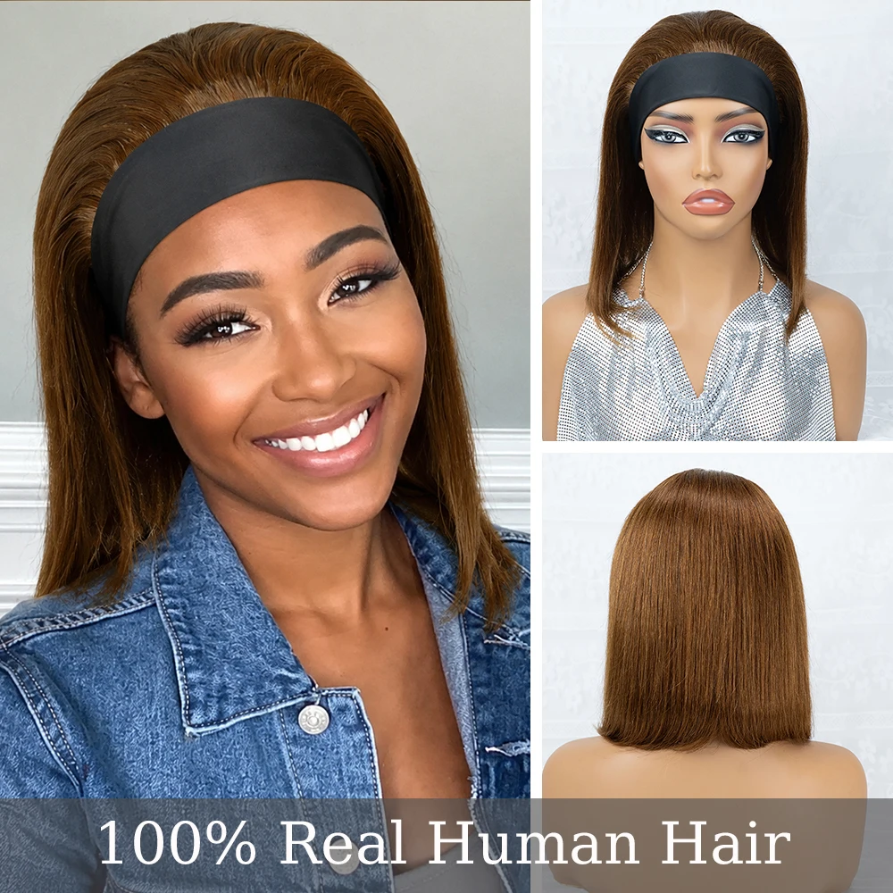Chestnut Brown Silky Straight Bob Human Hair Headband Wig, Headband Bob Wig Smooth Straight Natural Looking Wig for Daily Party