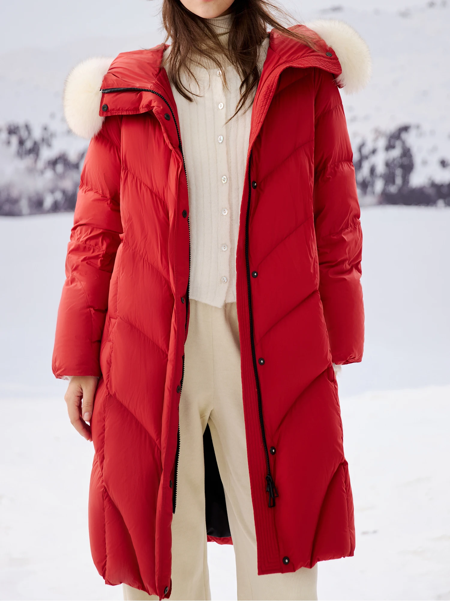 ZIQIAO 199.8G Filling Amount Women Red Long Down Coat Fox Fur Collar Female Winter Loose Hooded Down Jacket 24ZQ94366