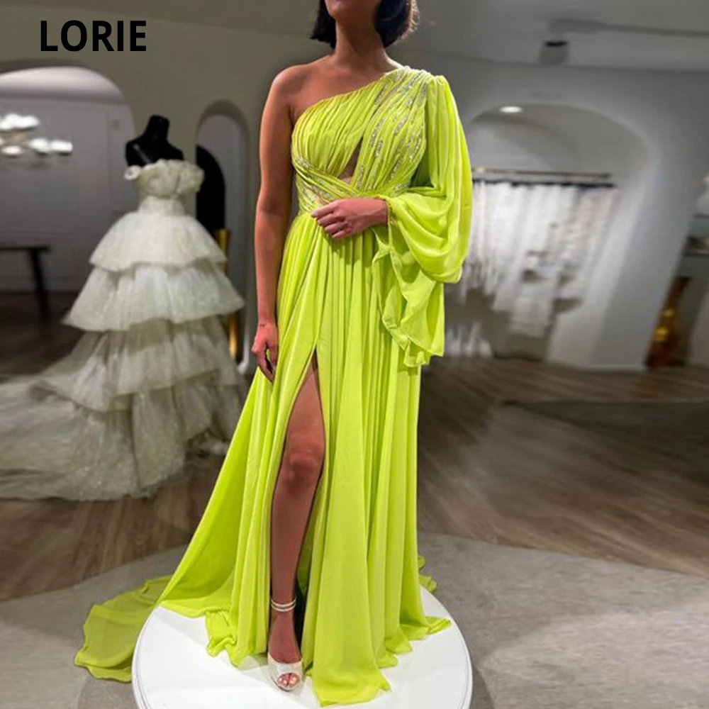 LORIE A-line Chiffon Vestidos De Cóctel Birthday Dresses For Women Lemon Green Beadings Sequins Prom Dresses Cocktail Kleider