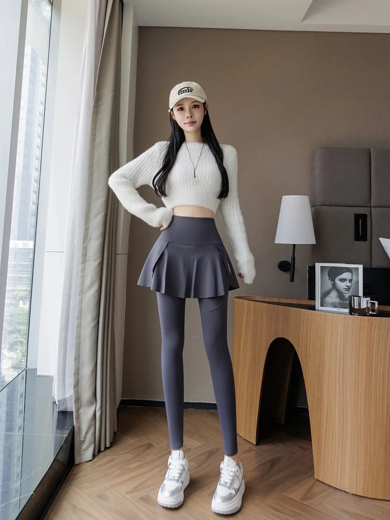 Cintura alta falso calças de yoga de duas peças das mulheres outono inverno novo sle quente thiened fce calças de camada base feminina saia