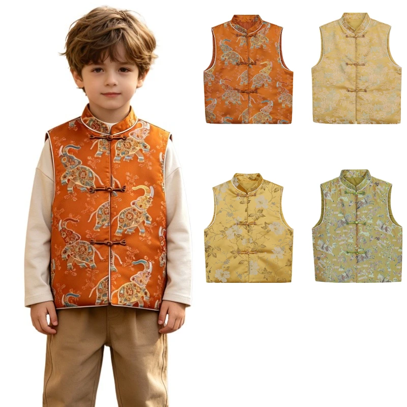 Kids Chinese Tang Jacquard Vest Stand Collar Frog Button Waistcoat Boys Girls Christmas Lunar New Year Wedding Birthday Costume