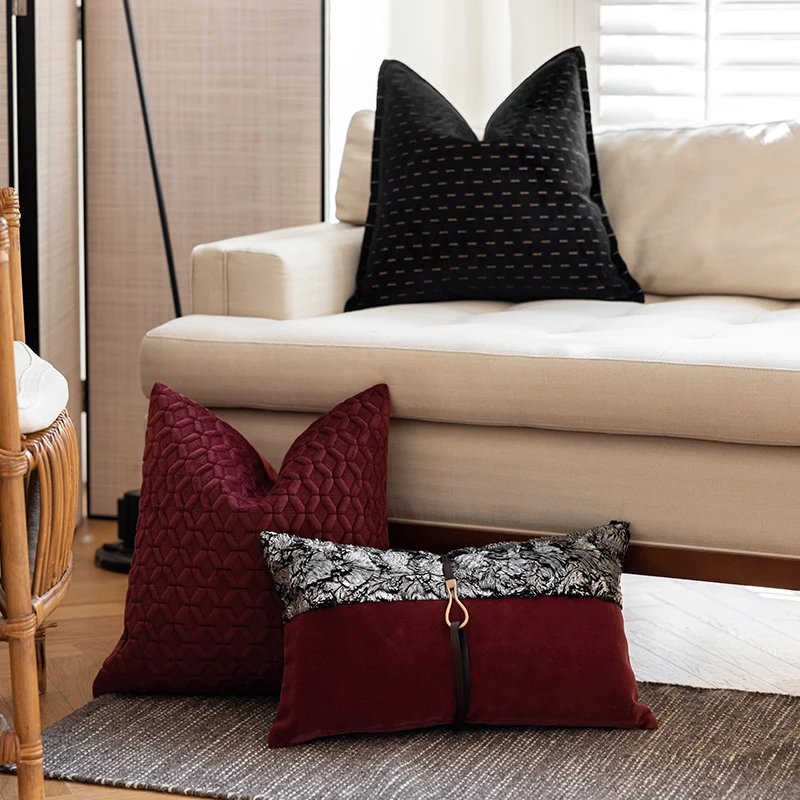 Burgundy Black Color Pillows Geometric Patchwork Cushion Case Modern Luxury Decorative Pillow Cover For Sofa Chair Home Decorate
