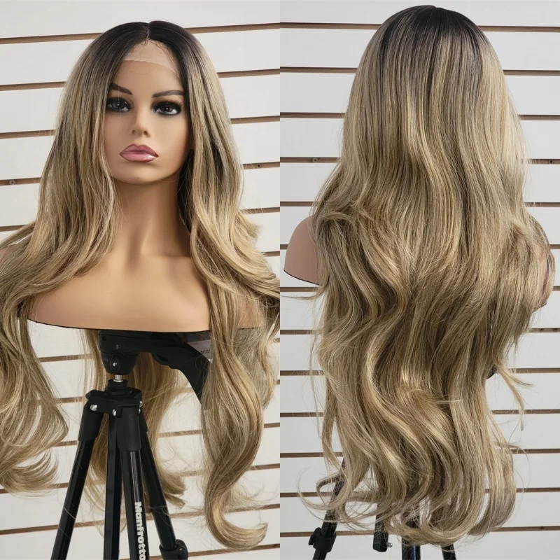 

30 Inch Super Long Wave Wig 13x4 Ombre Ash Blonde Highlights Synthetic HD Lace Front Wig Blend Human Hair for Women Glueless Wig