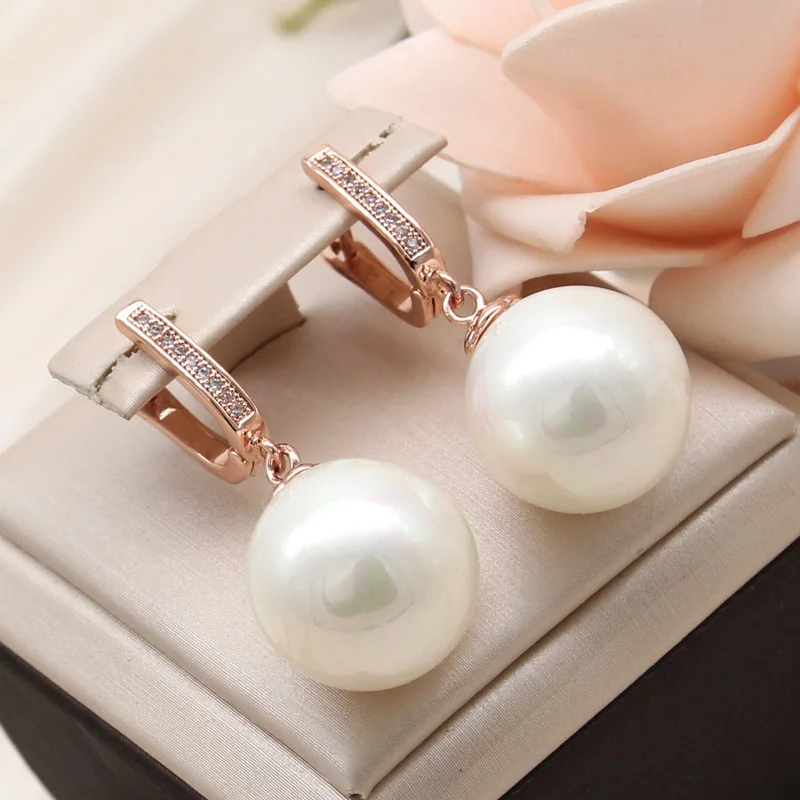 SHENJIANG New Fashion Colorful Round Red Simulated-pearl Drop Earrings For Women Wedding Elegant 585 Rose Gold Color Jewelry