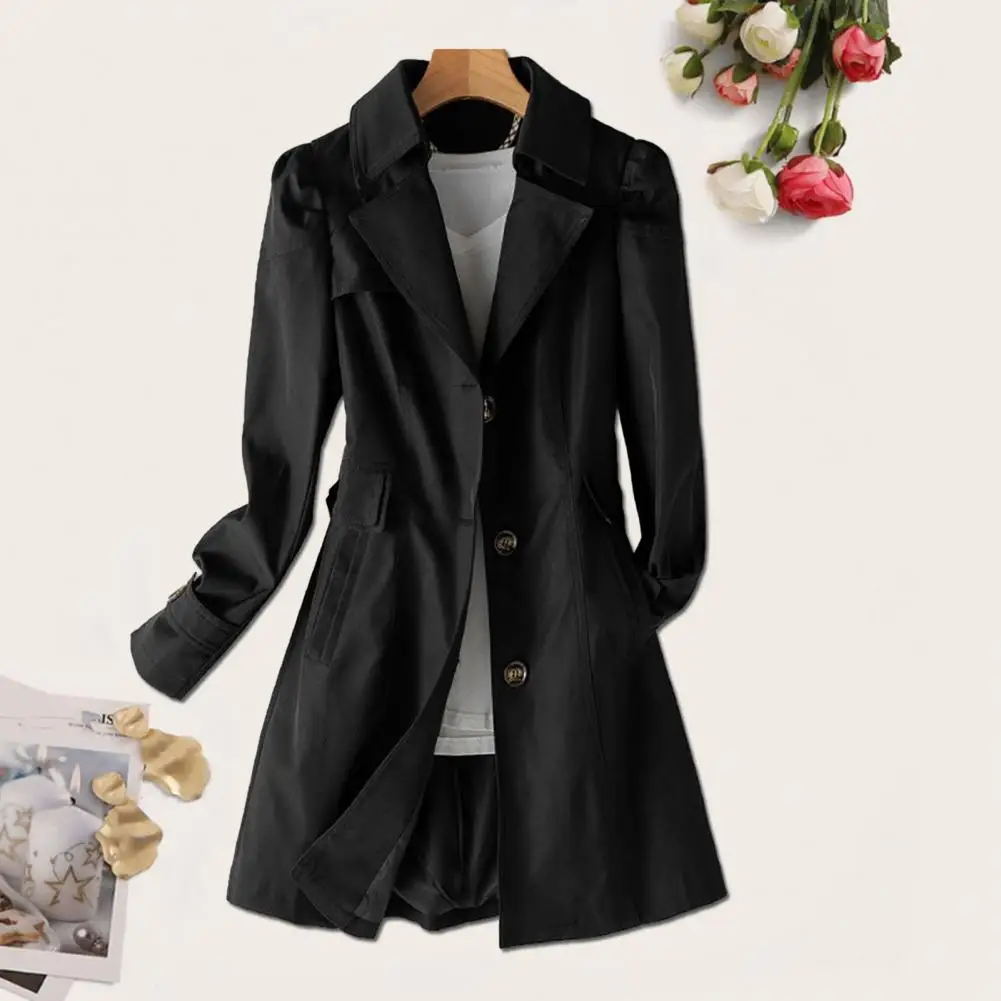 

Women Commuter Jacket Casual Windbreaker Stylish Mid-length Women's Overcoat with Turn-down Collar Single-breasted for Fall