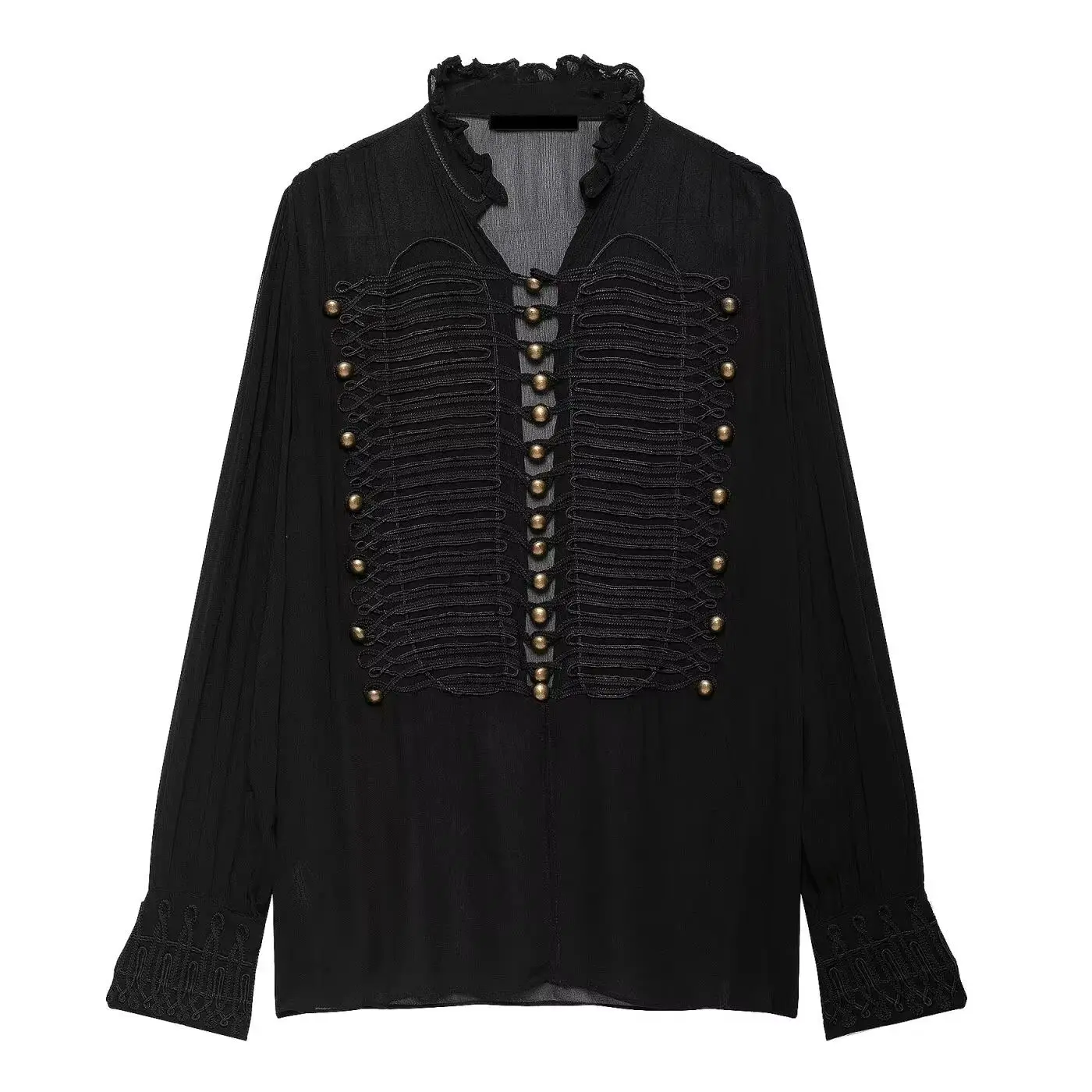 2026 Women's Vintage Napoleon Chinese Knotted Buttons Flare Sleeve Loose Shirts Lady Elegant Black Chiffon Blouses Streetwear