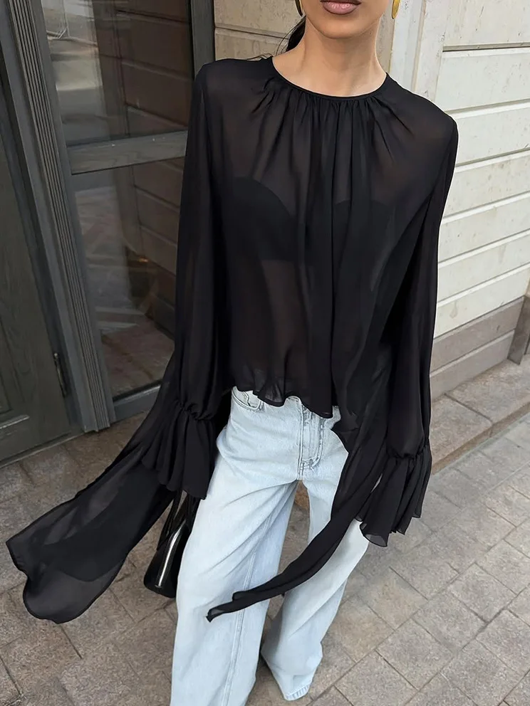 2025年ファッションシフォンシャツ レディース ブラックメッシュイレギュラーヘムラウンドネックロータススリーブ長袖トップス