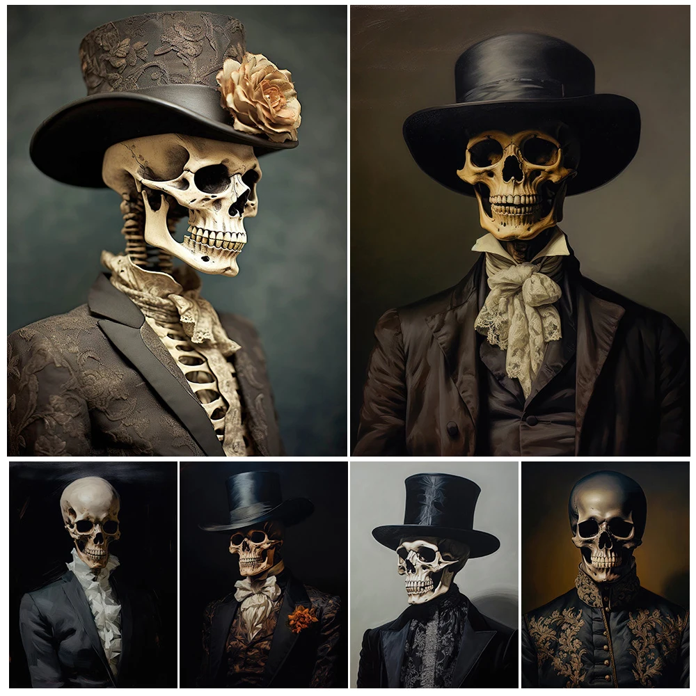 

Victorian Skeleton Art Fantasy Portrait Wall Art Canvas Painting Gentleman Skeleton With Hat Surreal Art Poster Print Decoration