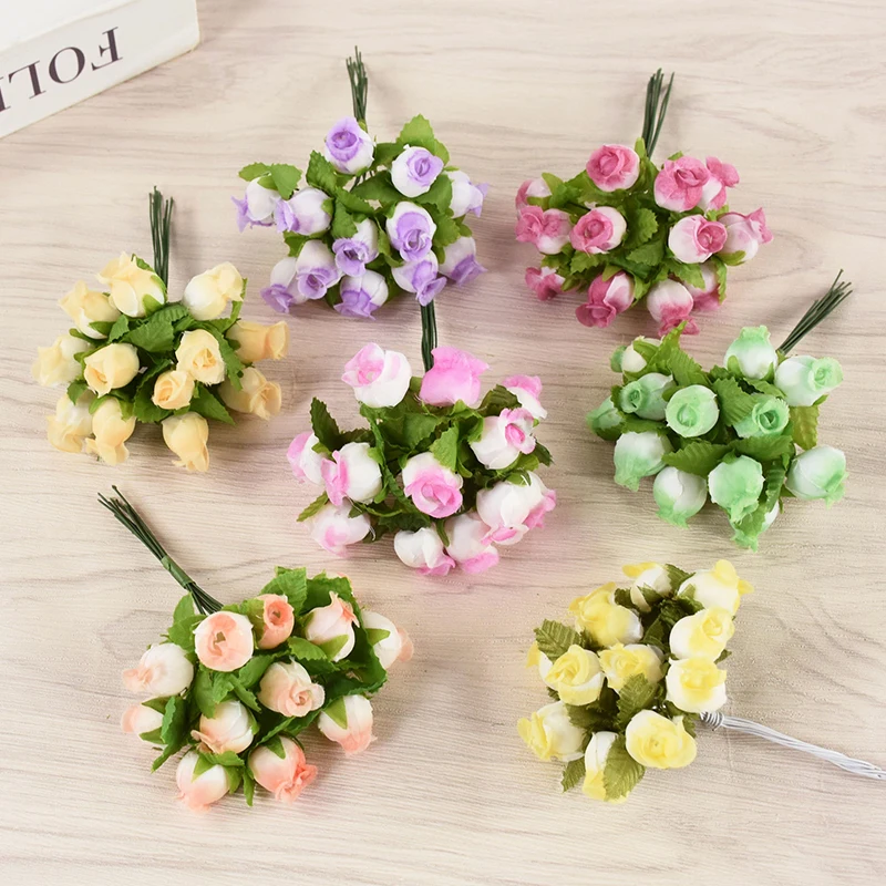 144/72pcs Mini Artificial Rose Flowers Bouquet Silk Fake Flowers Wedding Home Decoration Craft DIY Wreath Scrapbook Accessories