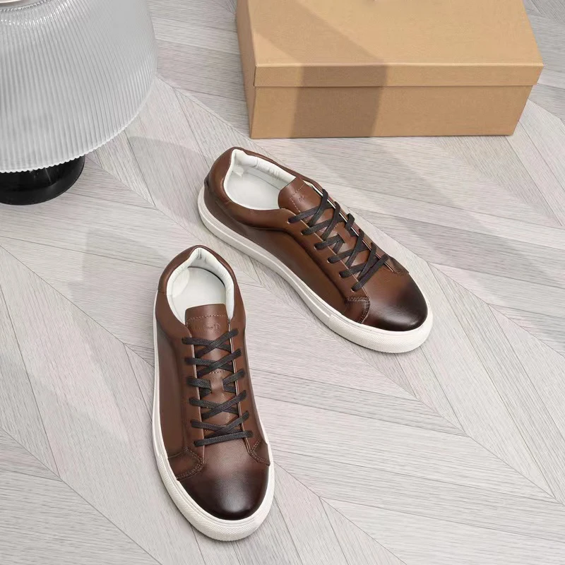 Mrxmus 2023 New Summer Flat Lace Up Casual Shoes Brown Leather Soft Surface Men Casual Sports Shoes Simple All-match Basic Shoes