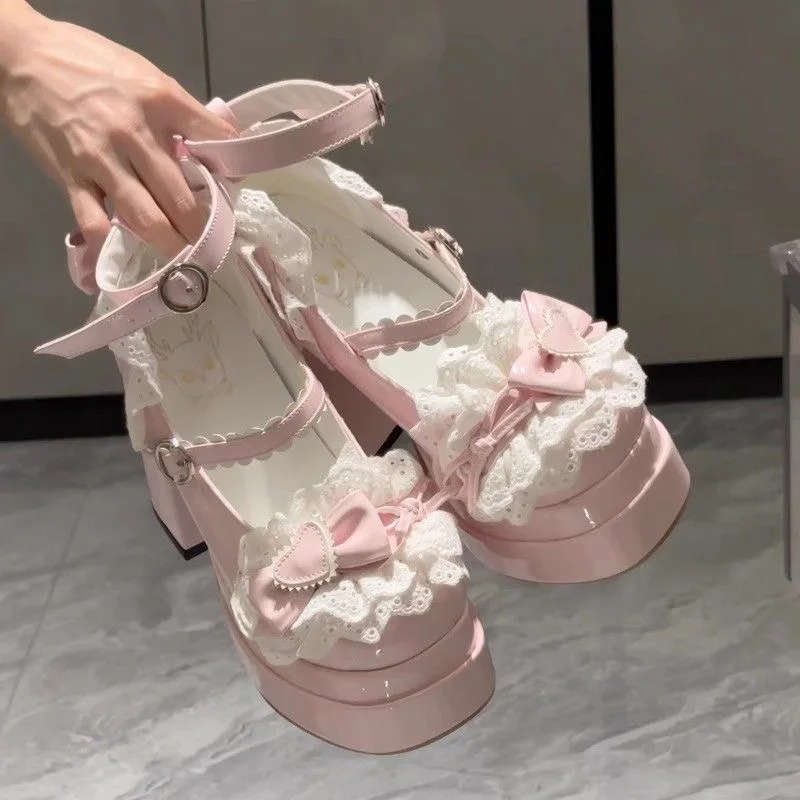 

Cloud Puff Sweet Bow Love Кружева Японская Мэри Джейн Pretty Girl Лолита Женские туфли принцессы на высоком каблуке в консервативном стиле