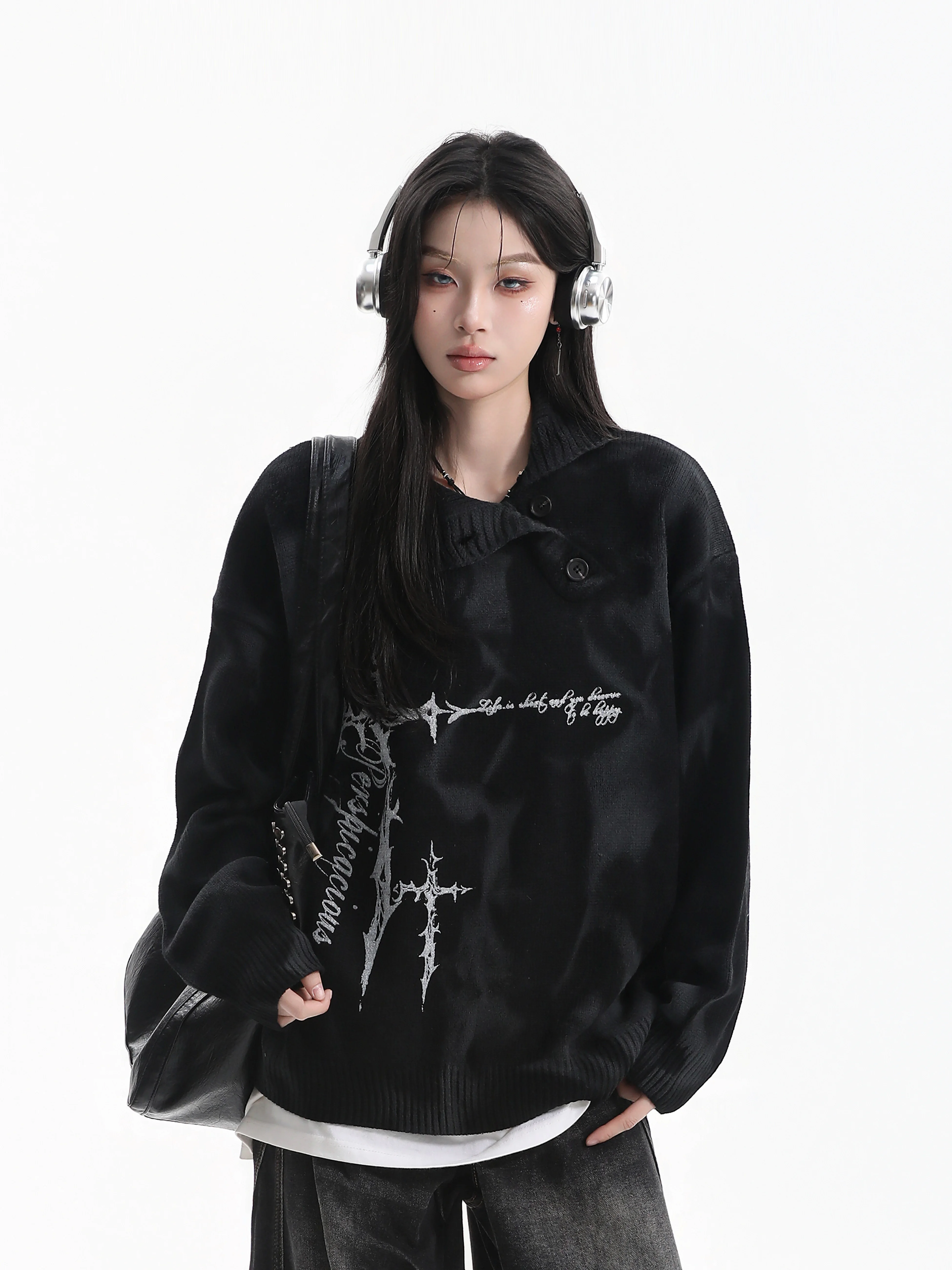 Vintage Dyeing Knitted Cross Print Long Sleeve Sweater Warm Loose Fit Casual Women's Fashion Autumn Top Vintage Design Sense