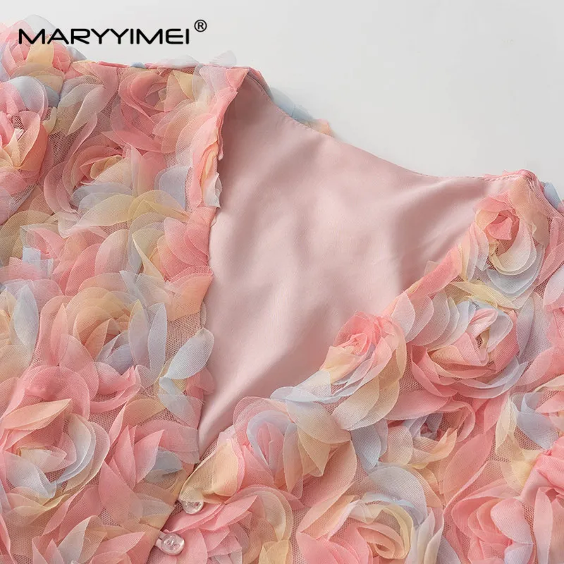 MARYYIMEI New Fashion Runway Designer Women's Clothing V-Neck Short-Sleeved Single-Breasted Colorful Gauze Tray Flower Dress