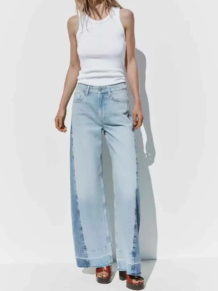

European style new women's fashion versatile temperament stitching high waist loose wide leg jeans