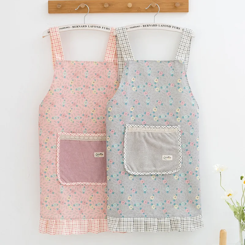 Korean version floral women's kitchen cleaning vest waist fashionable home pocket cotton apron work clothes A1