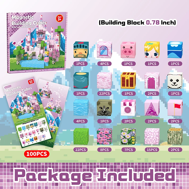 100PCS Magnetic Tiles Building Blocks,Princess Pink Castle Set, STEM Educational Toys for Kids Ages 4-8,Creative Gift for Girls