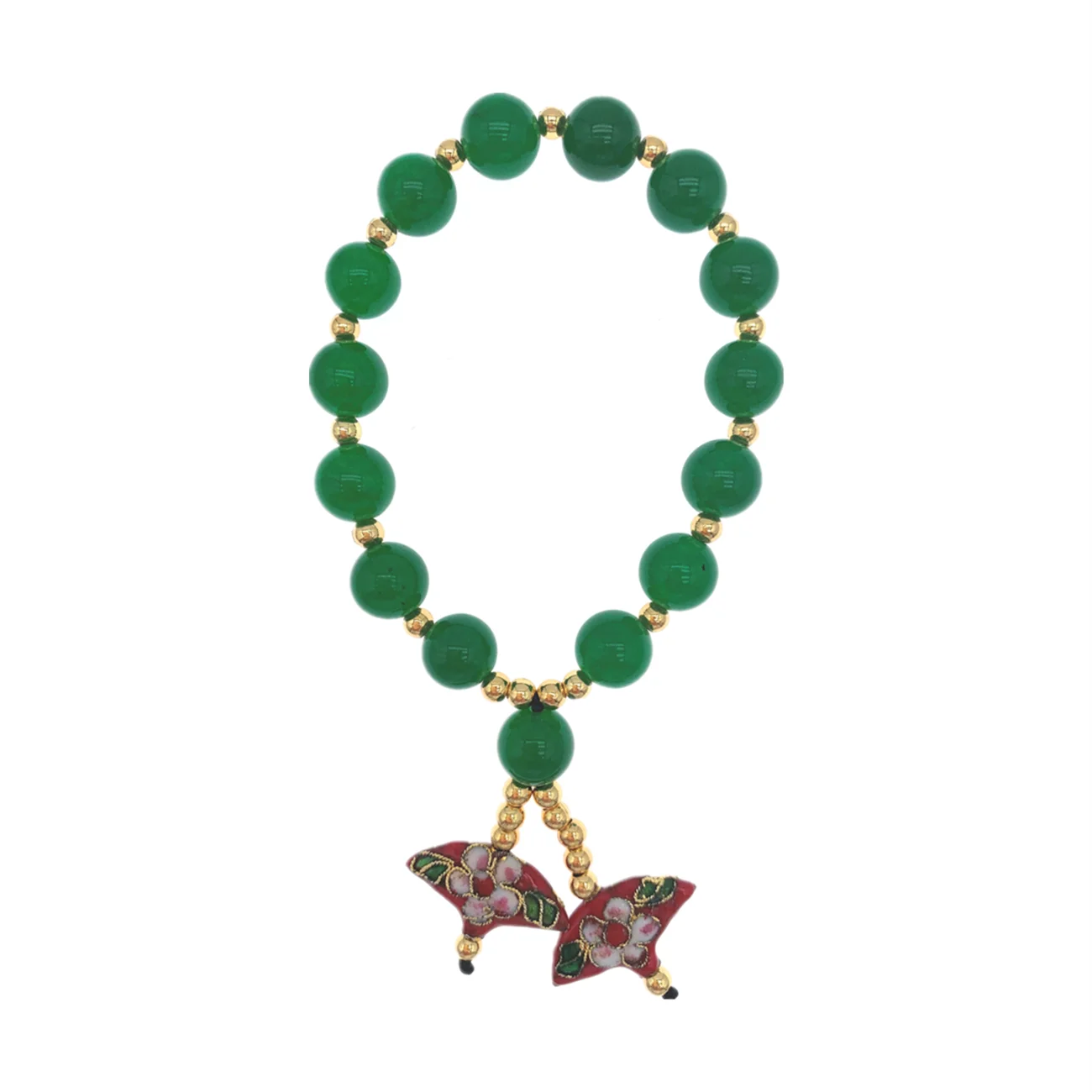 10mm Natural Green Jade Bracelet For Women Enamel Fan Charms 4mm 9K Gold Beads Stretchy Bracelet 7.5 Inch